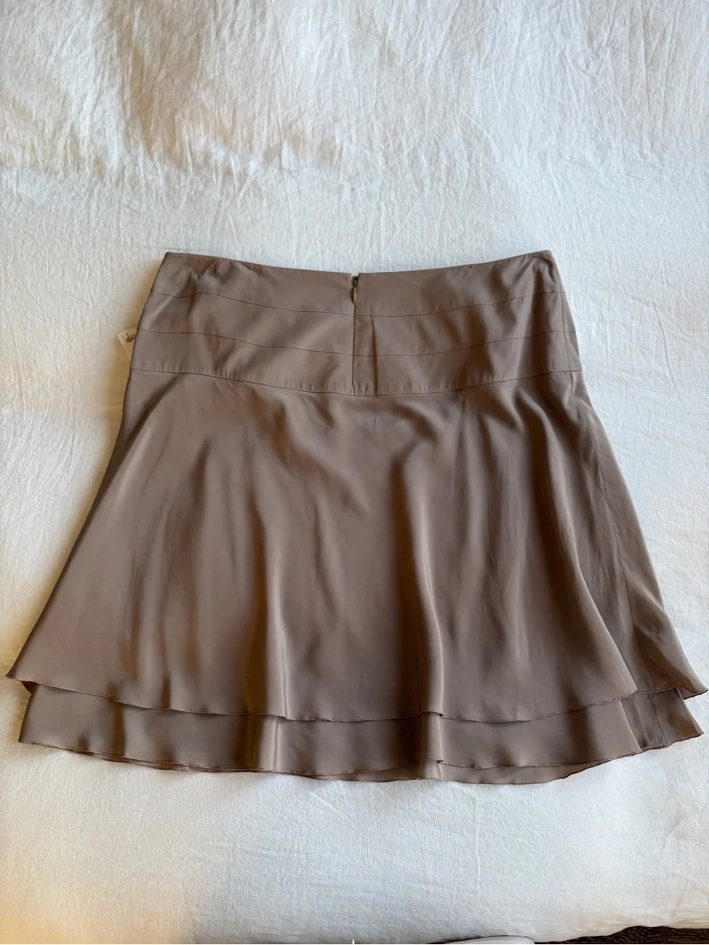 NWT Vintage Chanel Silk Logo Ruffle Flouncy Mini Skirt Taupe Brown Tan Pearl